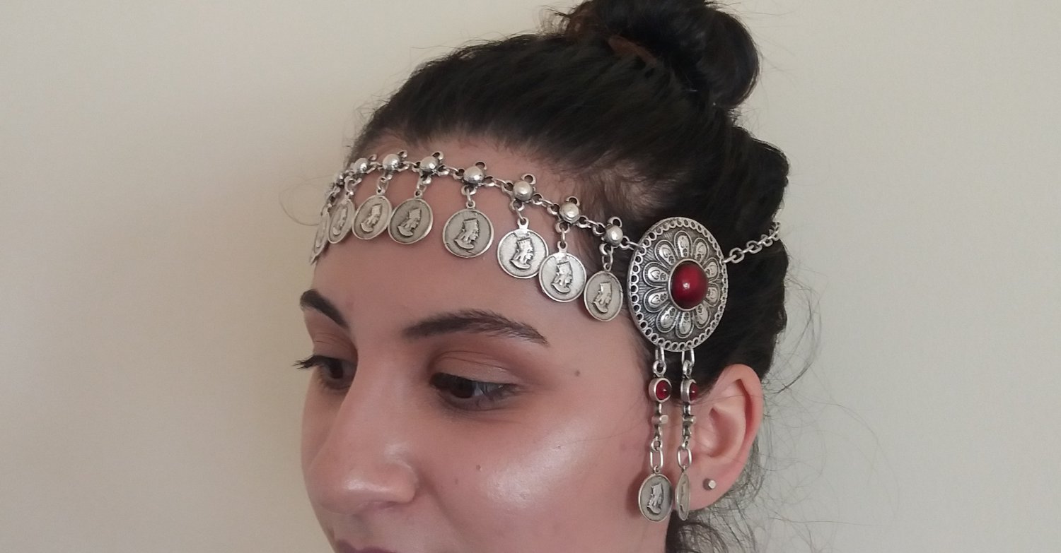 Tigran the Great Forehead Flower Button Silver Plated Drop, Armenian Headpieces Drop