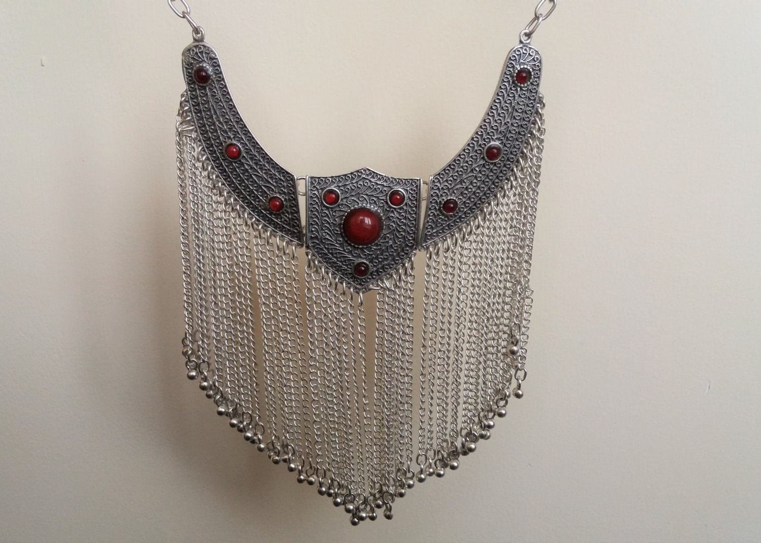 Silver Plated Three Pieces Tears Drops Necklace, Armenian Statement Necklace with Pomegranate Stones