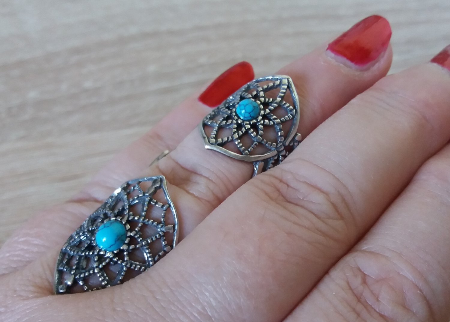 Armenian Articulated Double Ring Sterling Silver with Turquoise Stone, Flowery Articulated Ring