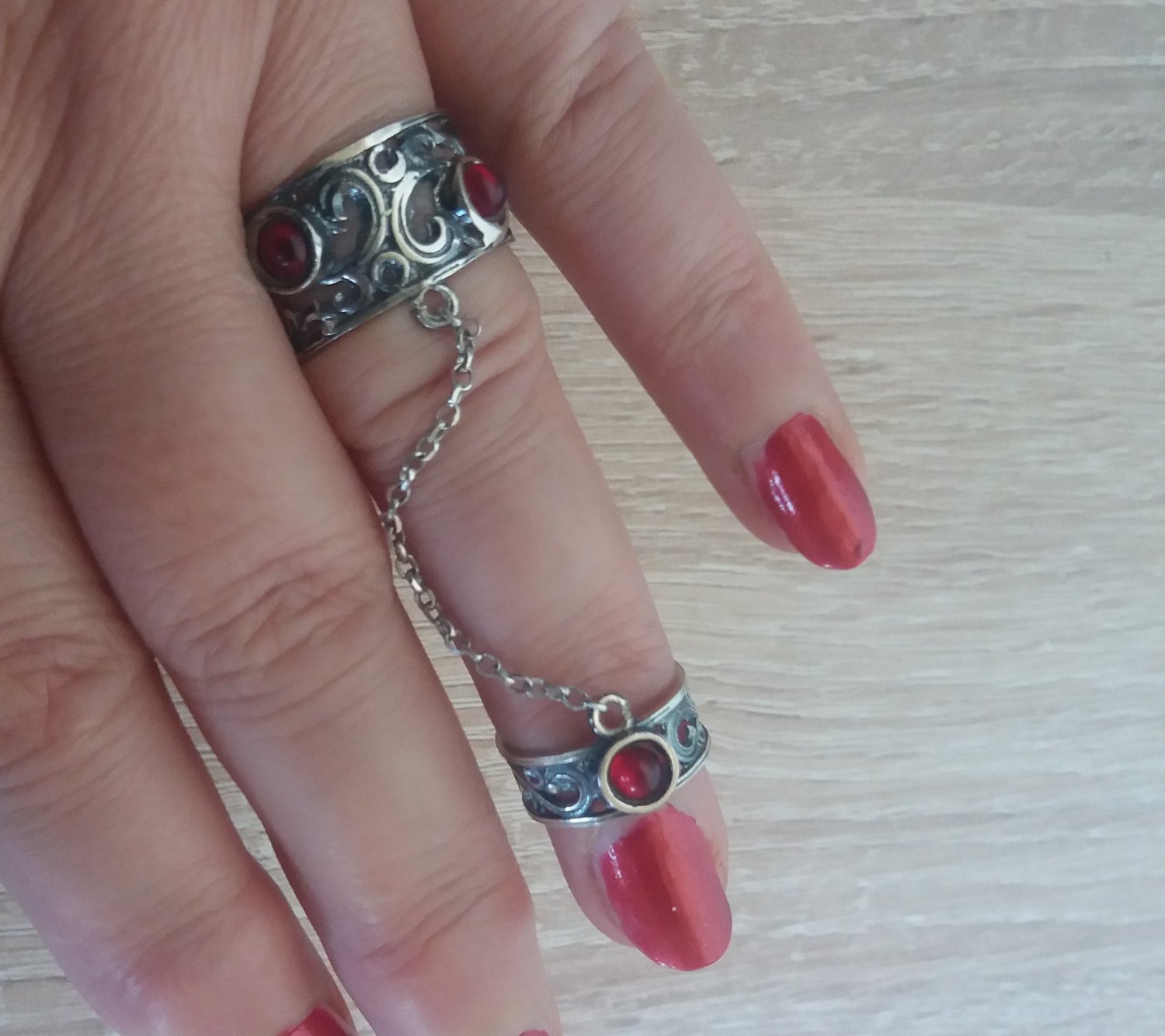 Double Ring Sterling Silver with Garnet Stones
