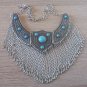 Silver Plated Three Pieces Tears Drops Necklace, Armenian Statement Necklace with Turquoise Stones