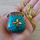 Basket Turquoise Mosaic Gemstone Pendant Necklace, Colorful Basket Necklace