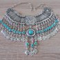 Silver Plated Drop Coin Pomegranate Necklace, Armenian Necklace with Turquoise Stones