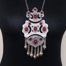 Silver Plated Three Pieces Drop Statement Necklace, Armenian Necklace with Pomegranate Seeds Stones