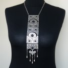 Silver Plated Long Ethnic Statement Necklace, Armenian Statement Necklace with Black Onyx Stones