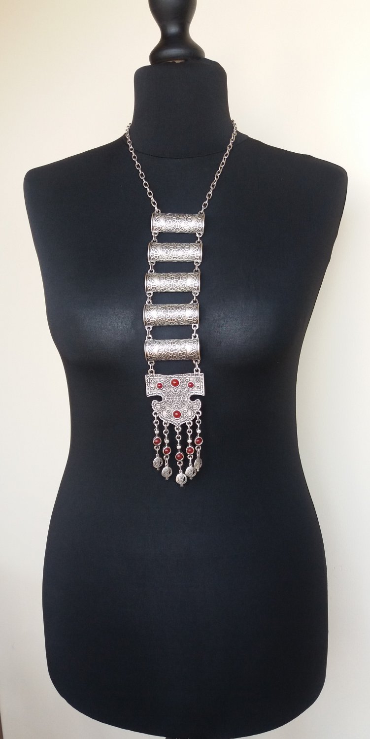 Silver Plated Pomegranate Half Cylinder Long Necklace, Armenian Necklace Pomegranate Stones
