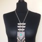 Silver Plated Pomegranate Half Cylinder Pentagon Long Necklace, Armenian Necklace Turquoise Stone