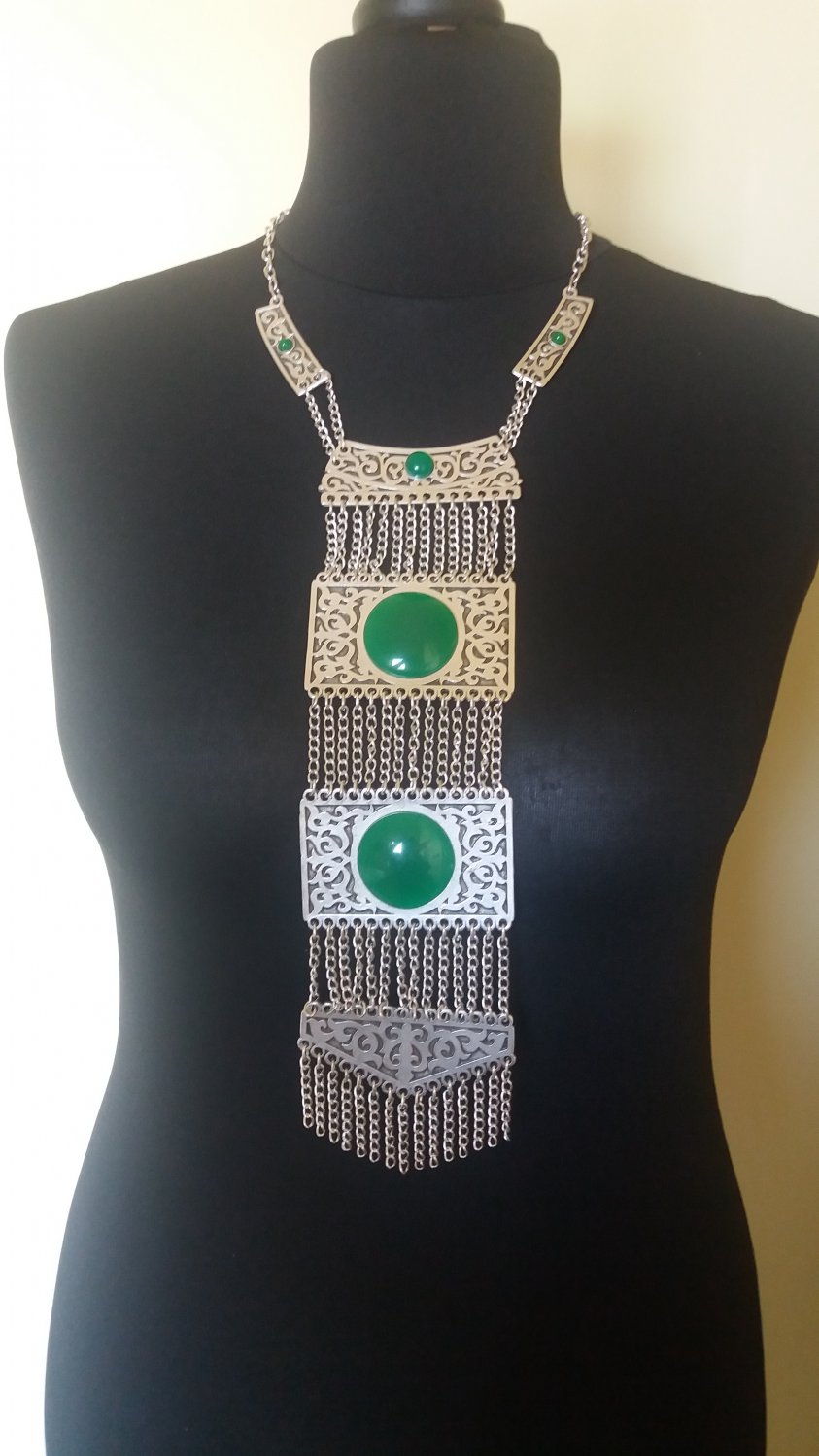 Long Silver Plated Rectangular Chain Chrysolite Statement Necklace