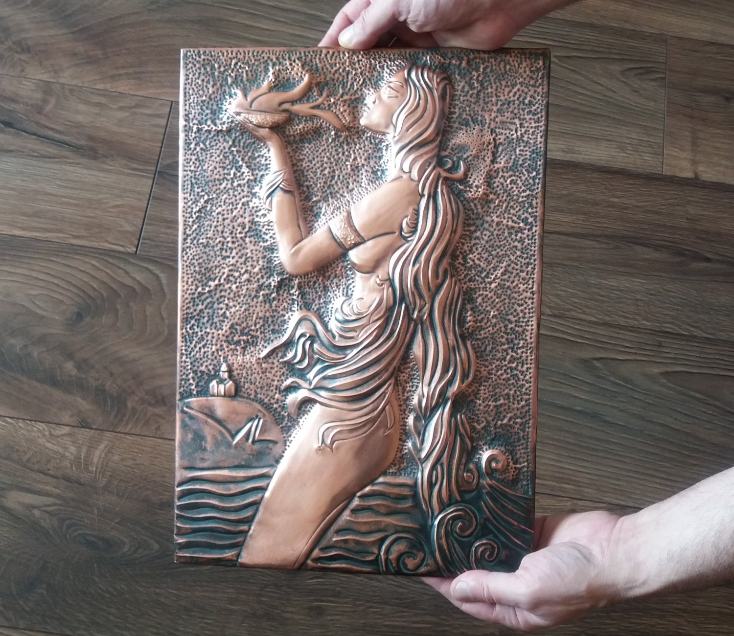 Vintage Embossed Copper Wall Decoration of the Legend of Tamar, Achtamar Armenian Legend, Chekanka