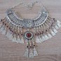 Silver Plated Drop Coin Anahit Necklace, Armenian Necklace with Pomegranate Seeds Stones