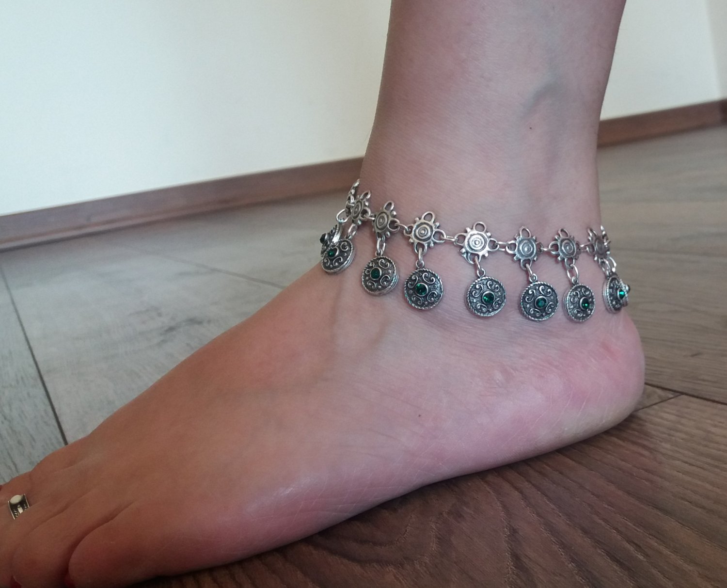 Chrysolite Silver Plated Ankle Drop Bracelet, Ankle Drop Bracelet, Armenian Ankle Bracelet