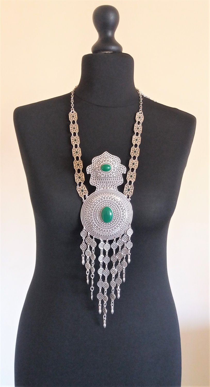 Pagan Sun Drop Coin Statement Necklace, Sun Armenian Necklace with Chrysolite Stones