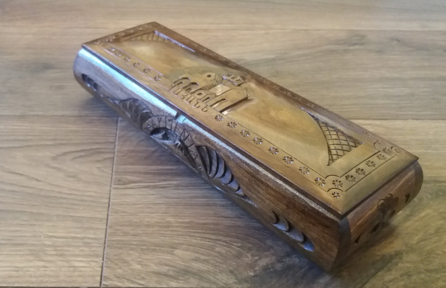 Handcrafted Long Armenian Wooden Box with Saint Gayane Church, Mount Ararat and the Eternity Sign