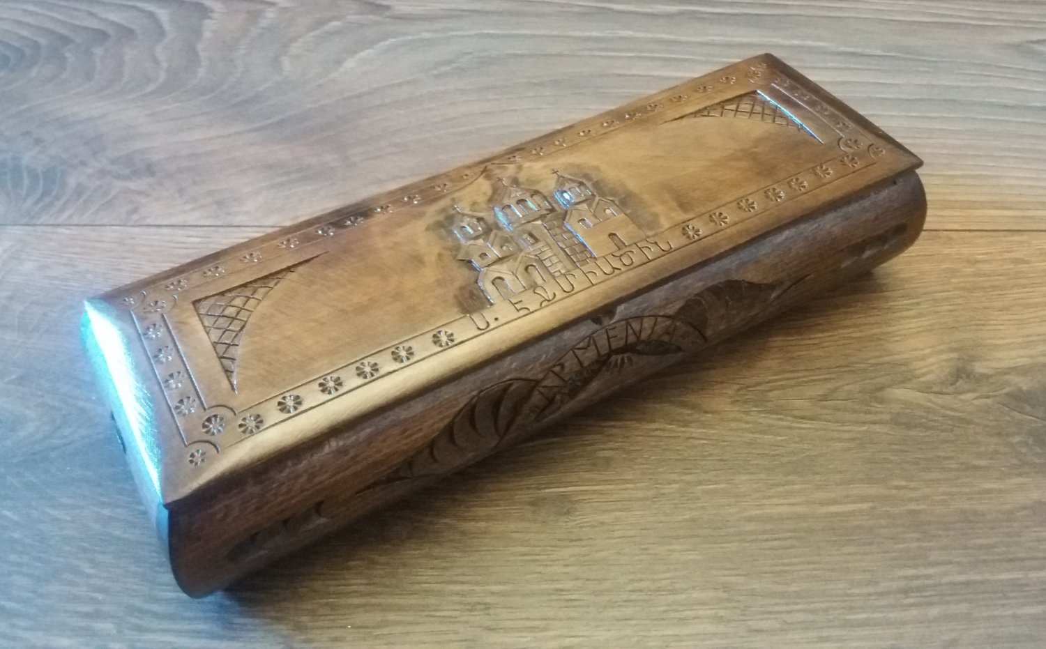 Handcrafted Long Armenian Wooden Box with Etchmiadzin Cathedral, Mount Ararat and the Eternity Sign