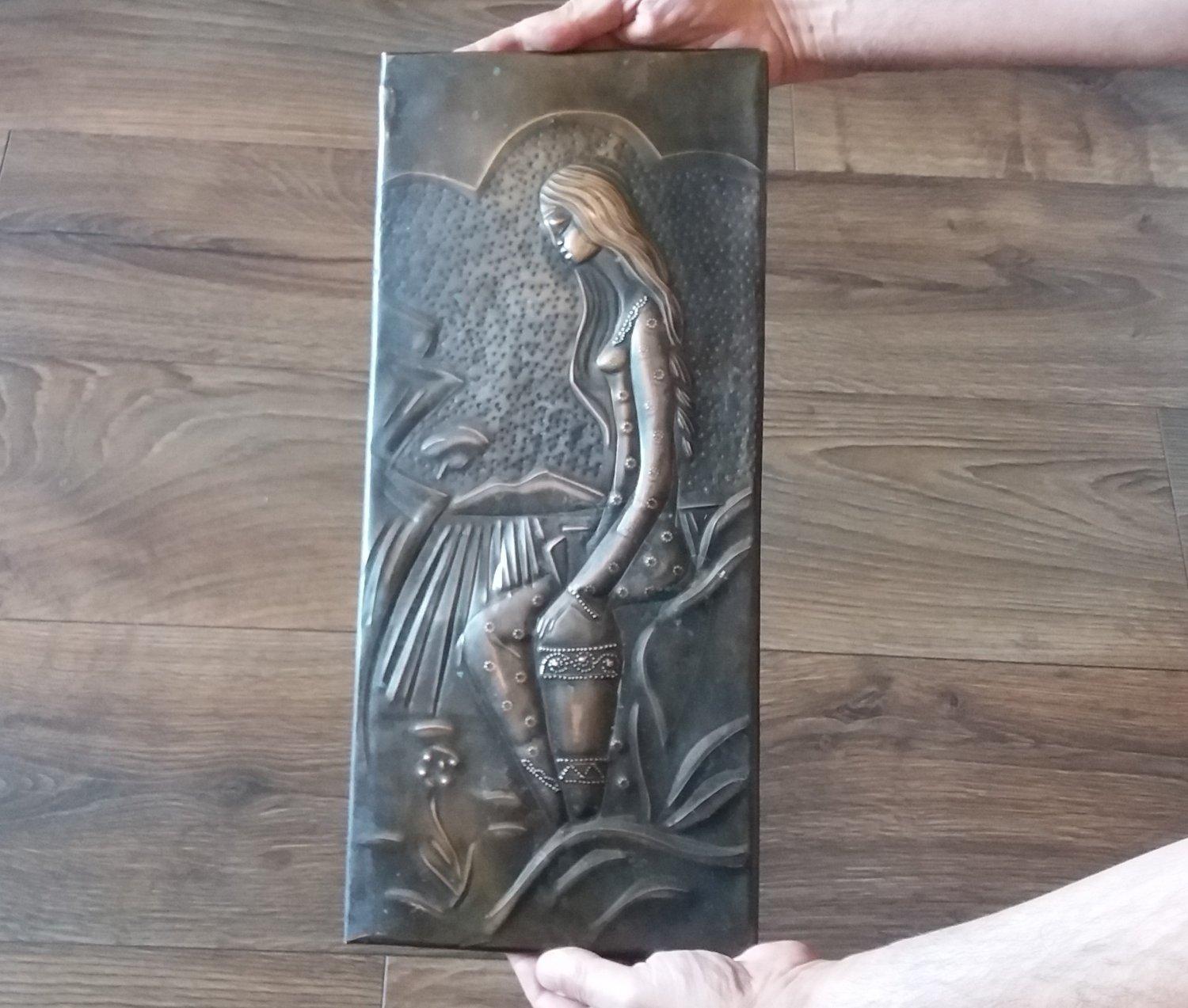 Vintage Embossed Copper Wall Decoration of an Armenian woman with a Water Jar, Armenian Chekanka