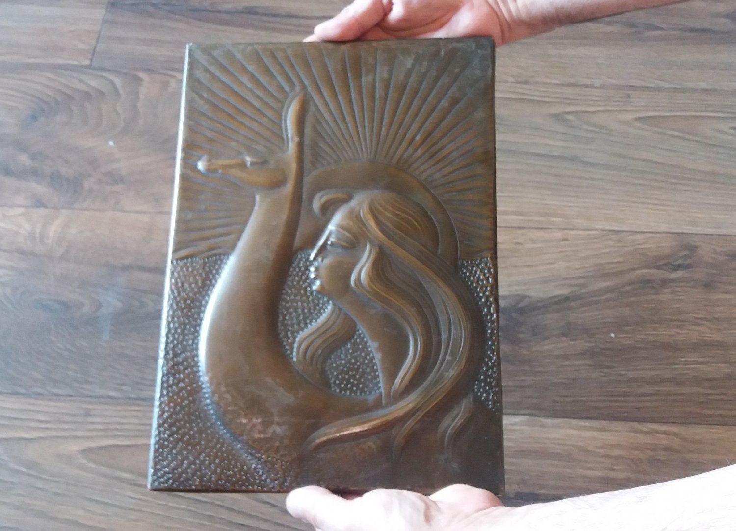 Vintage Embossed Copper Wall Decoration of the Portrait of an Armenian Woman and a Deer