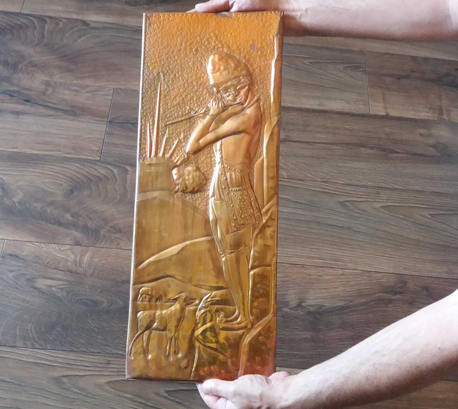 Vintage Embossed Copper Wall Decoration a Boy Playing the Flute Keeping Animals