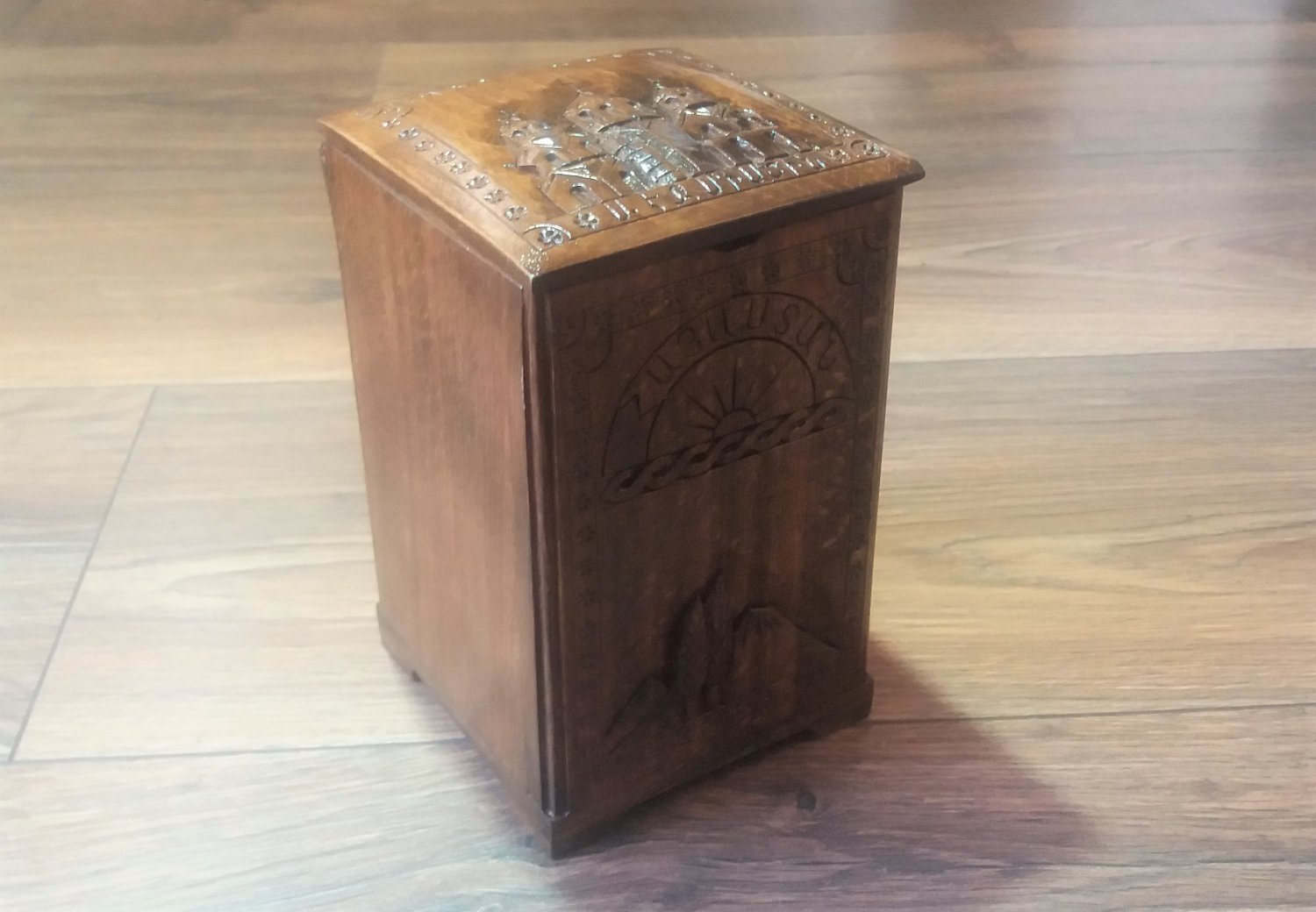 Handcrafted Armenian Wooden Box with Mount Ararat and Etchmiadzin Cathedral, Kitchen Storage Box