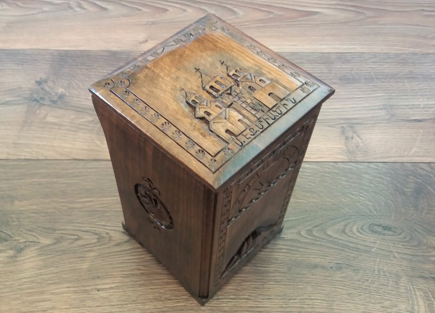 Handcrafted Armenian Wooden Box of Etchmiadzin Cathedral with Mount Ararat and the Eternity Sign