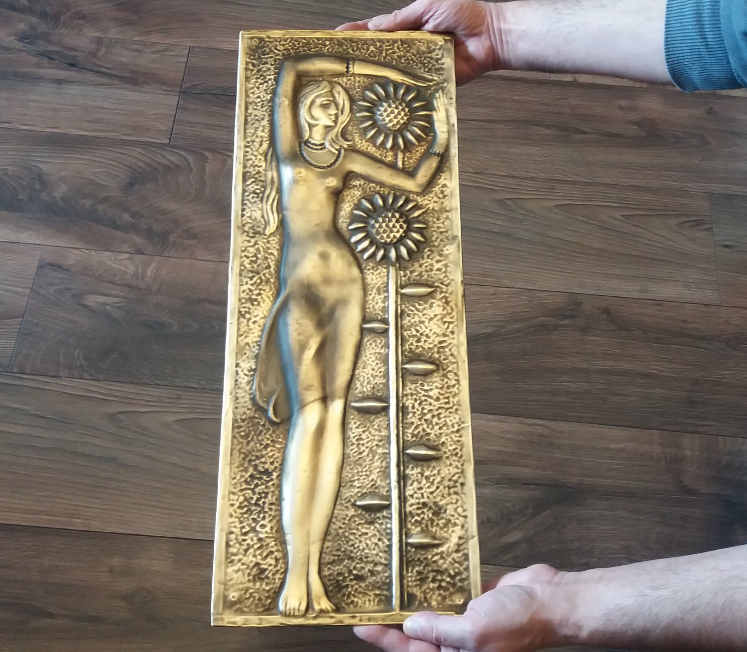 Vintage Embossed Copper Wall Decoration of the Portrait of an Armenian Woman Worshiping Sunflowers
