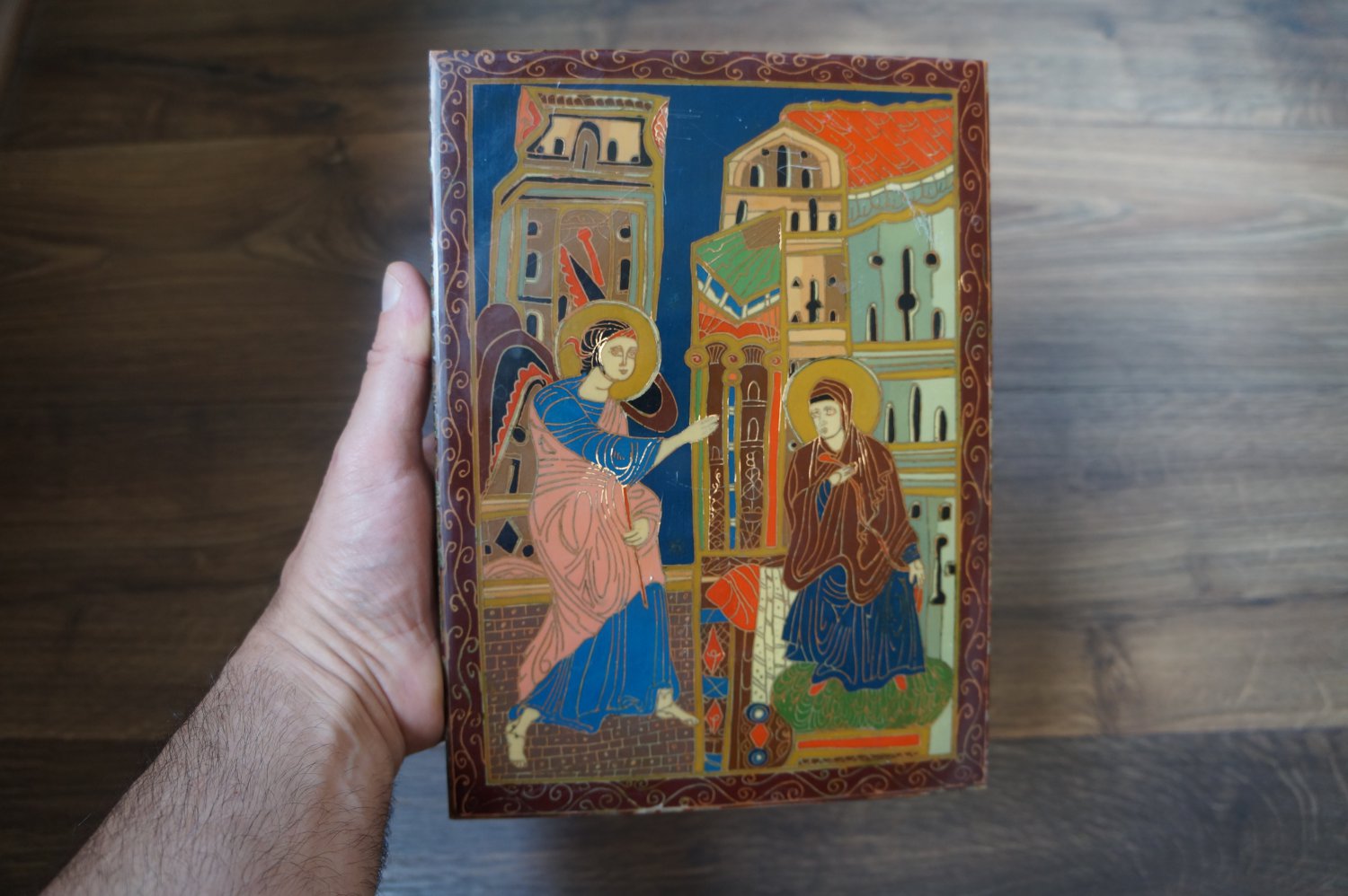 Vintage Embossed Copper Enamel Wall Decoration of Annunciation, Armenian Traditional Home Décor
