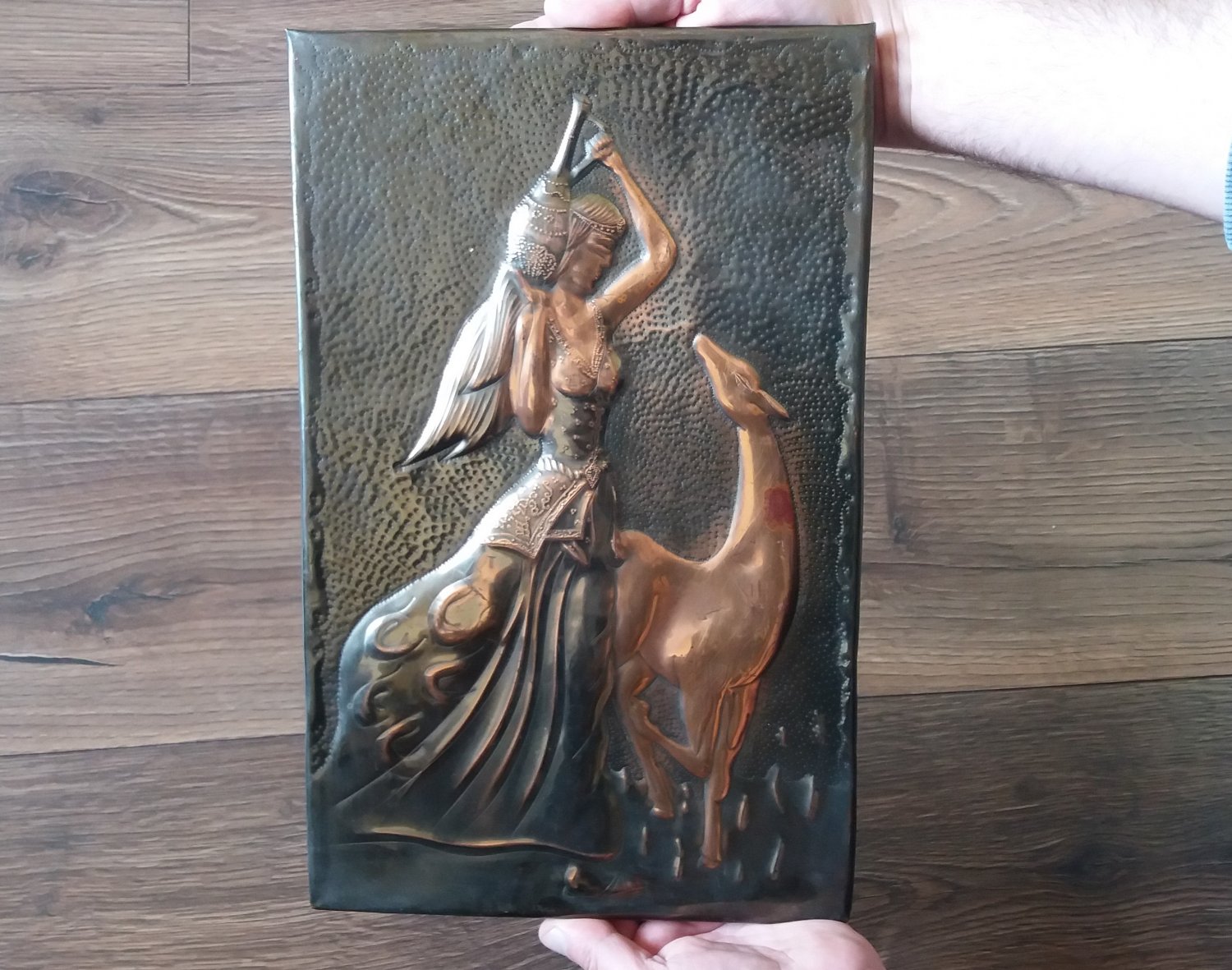 Vintage Embossed Copper Wall Decoration of the Portrait of an Armenian Woman and a Deer