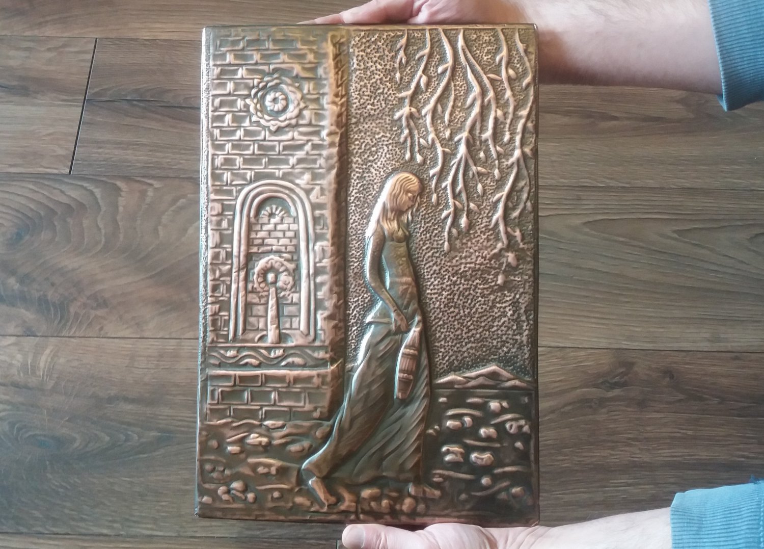 Vintage Embossed Copper Wall Decoration of an Armenian woman at the Water Source, Armenian Chekanka