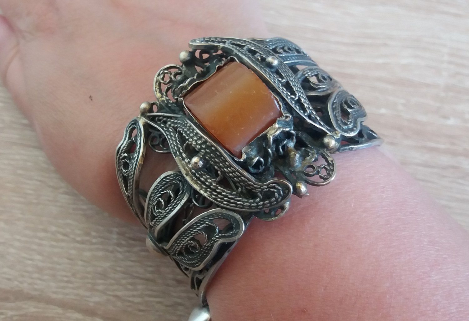 Vintage Armenian Soviet Cuff Filigree Amber Bracelet, Armenian Cuff Bracelet