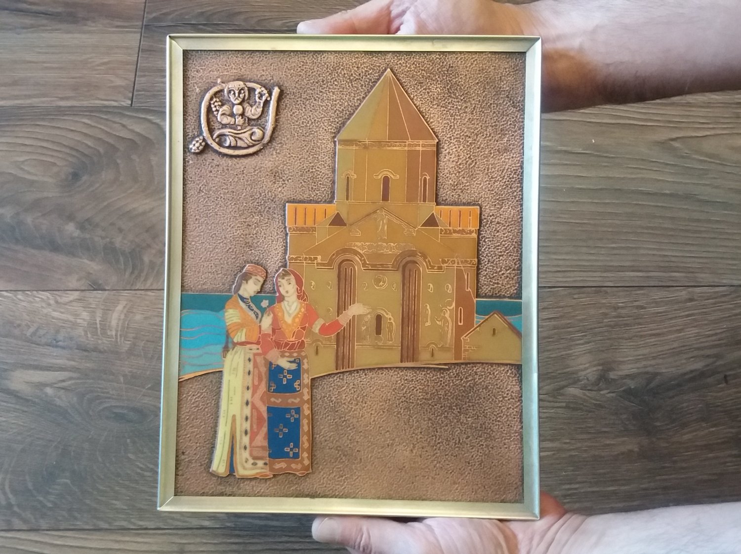 Vintage Embossed Copper Enamel Wall Decoration of the Legend of Tamar, Achtamar Armenian Legend