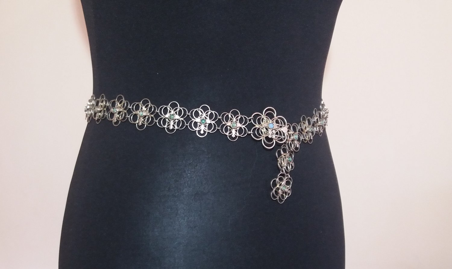 Vintage Armenian Amazonite Circle Filigree Belt, Filigree Link Belt, Antique Ethnic Belt