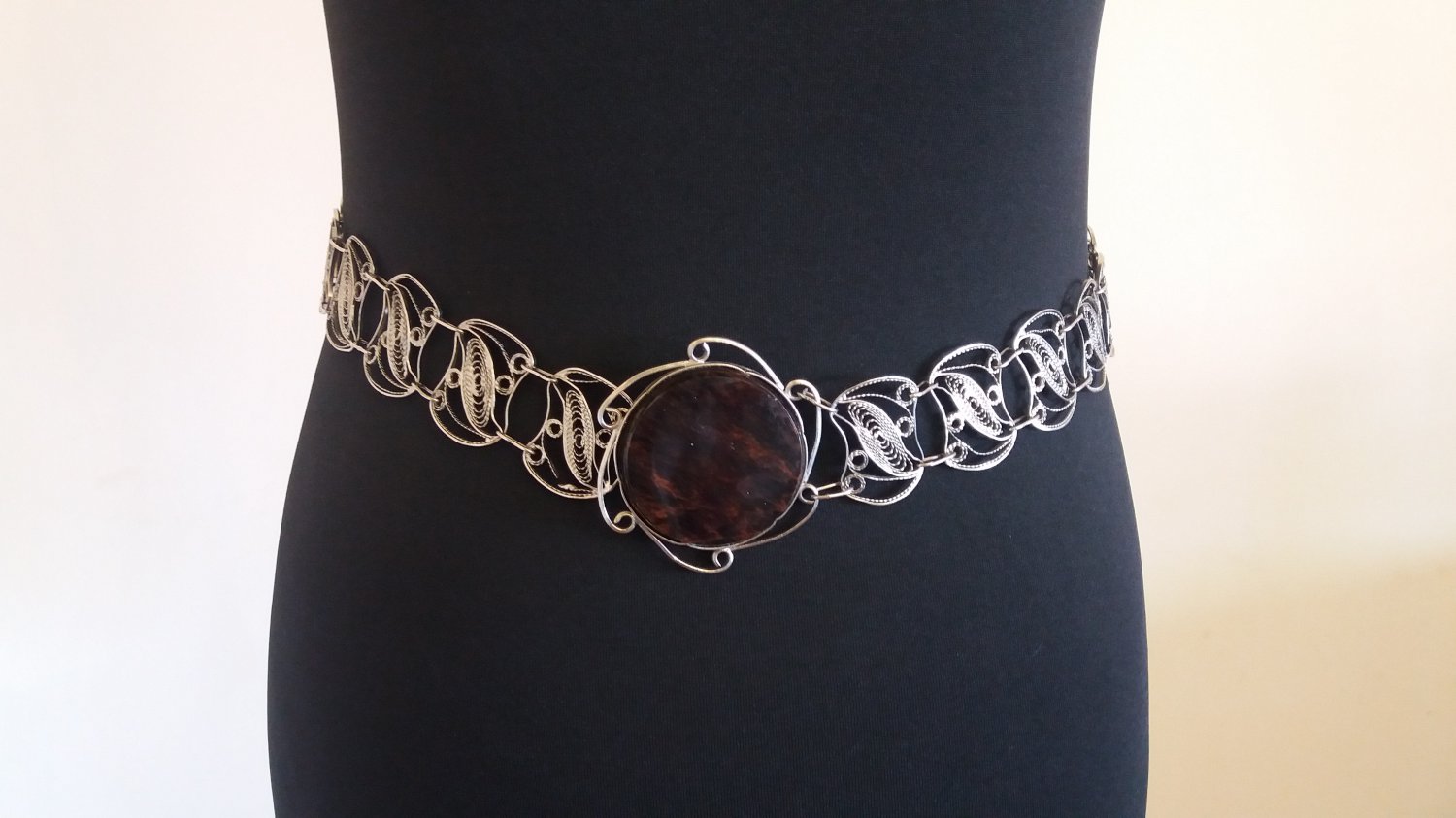 Vintage Armenian Soviet Filigree Obsidian Belt 1960s, Filigree Link Belt, Antique Ethnic Belt