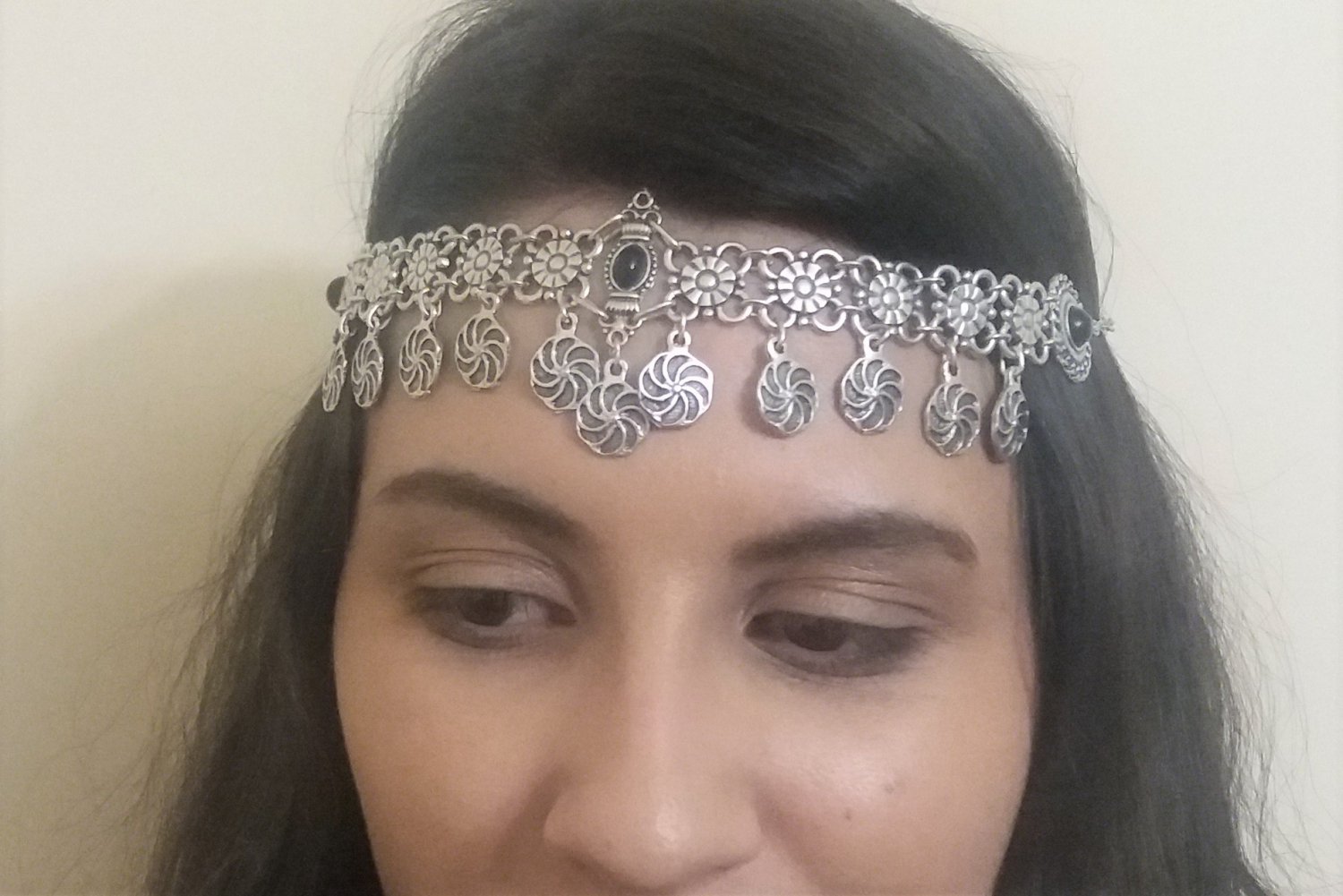 Eternity Forehead Flowery Silver Plated Drop, Armenian Headpieces Drop, Black Onyx Forehead Drop
