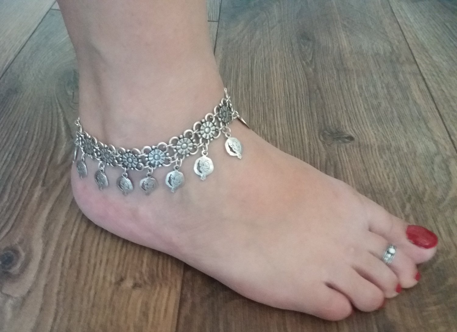 Pomegranate Ankle Flowery Silver Plated Drop Bracelet, Pomegranate Drop Ankle Bracelet