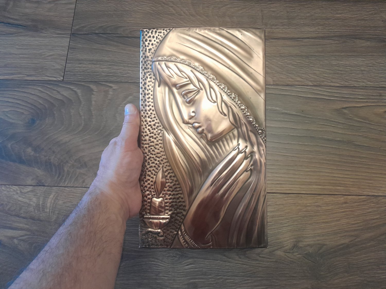 Vintage Embossed Copper Wall Decoration of the Portrait of an Armenian Woman Praying