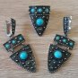 Armenian Jewelry Set, Armor Drop Dangle Earrings Turquoise and Ring Sterling Silver