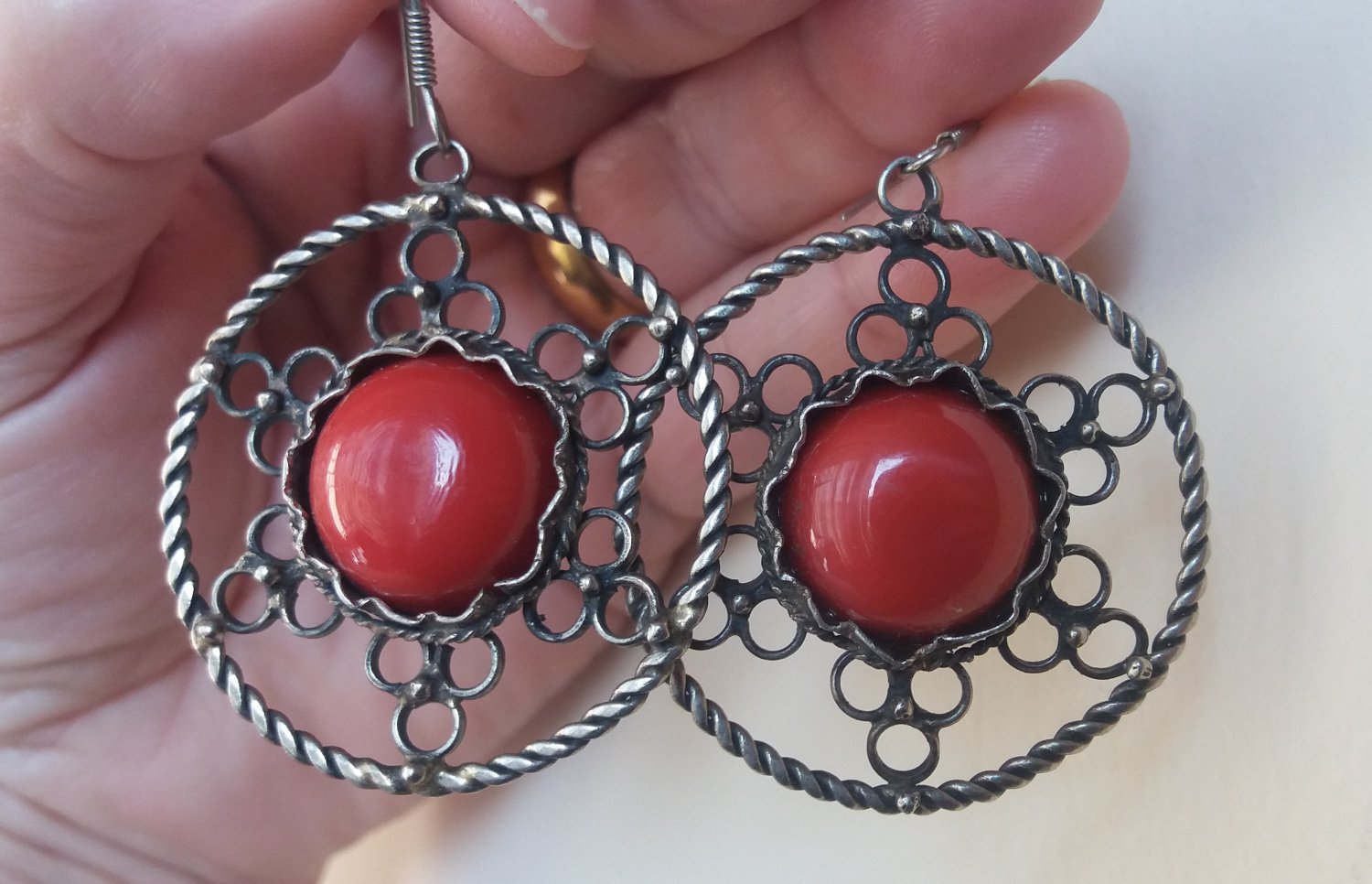 Armenian Filigree Coral Circle Star Dangle Earrings, Armenian Earrings, Ethnic Earrings