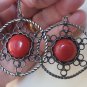 Armenian Filigree Coral Circle Star Dangle Earrings, Armenian Earrings, Ethnic Earrings