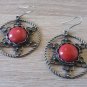 Armenian Filigree Coral Circle Star Dangle Earrings, Armenian Earrings, Ethnic Earrings