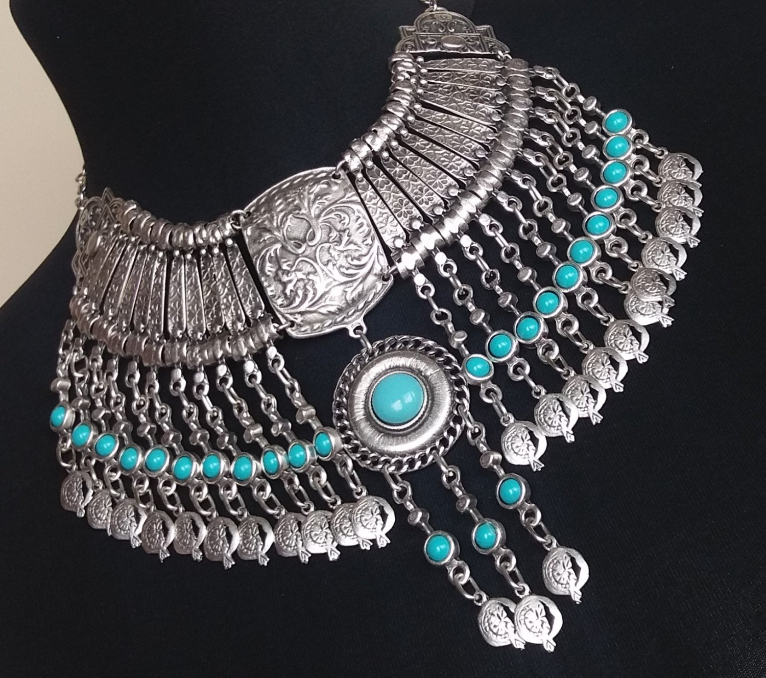 Pomegranate Drop Coin Turquoise Necklace, Armenian Necklace