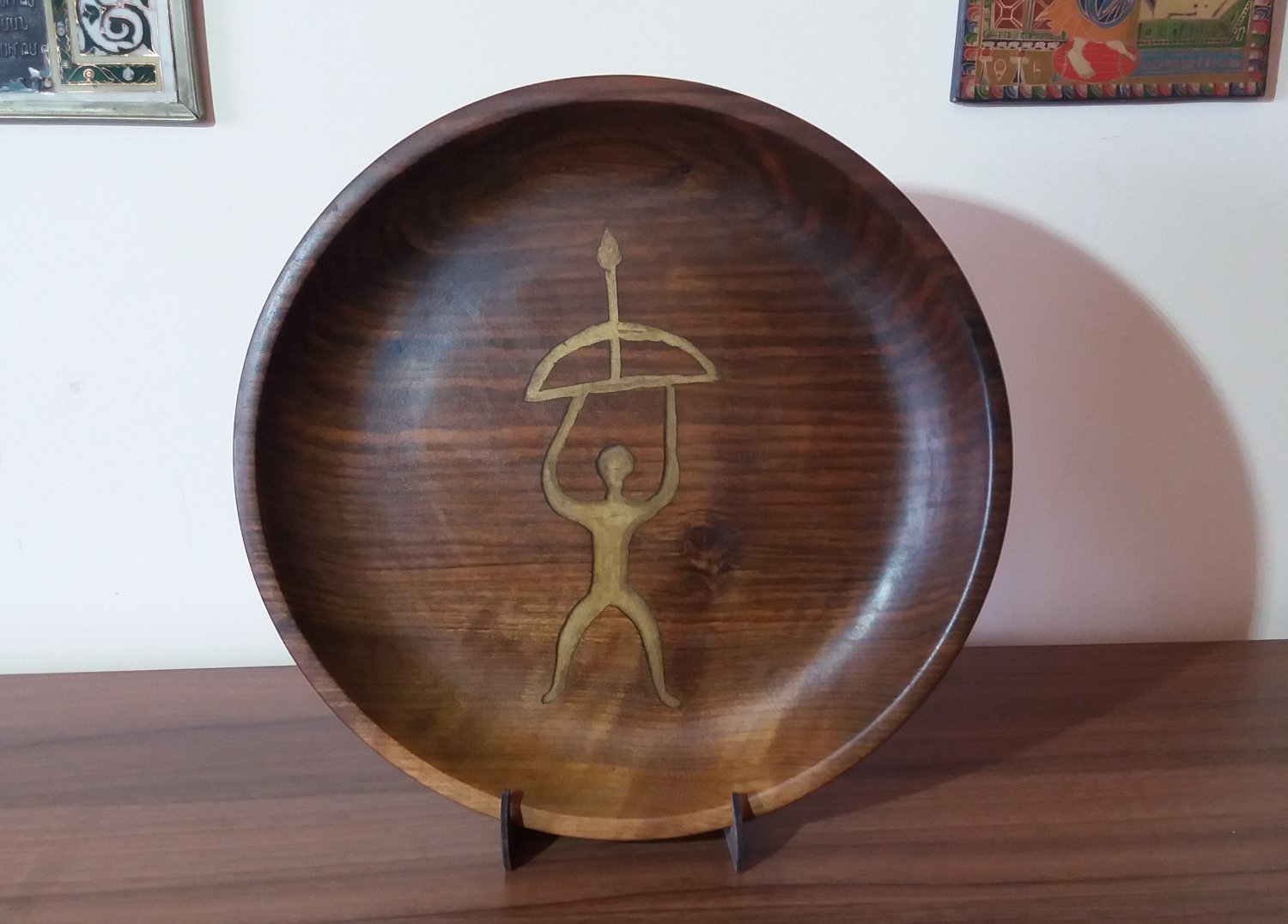 Decorative Armenian Walnut Carved Bowl-Dish, Handmade Wall Hanging Wood Petroglyphs Plate