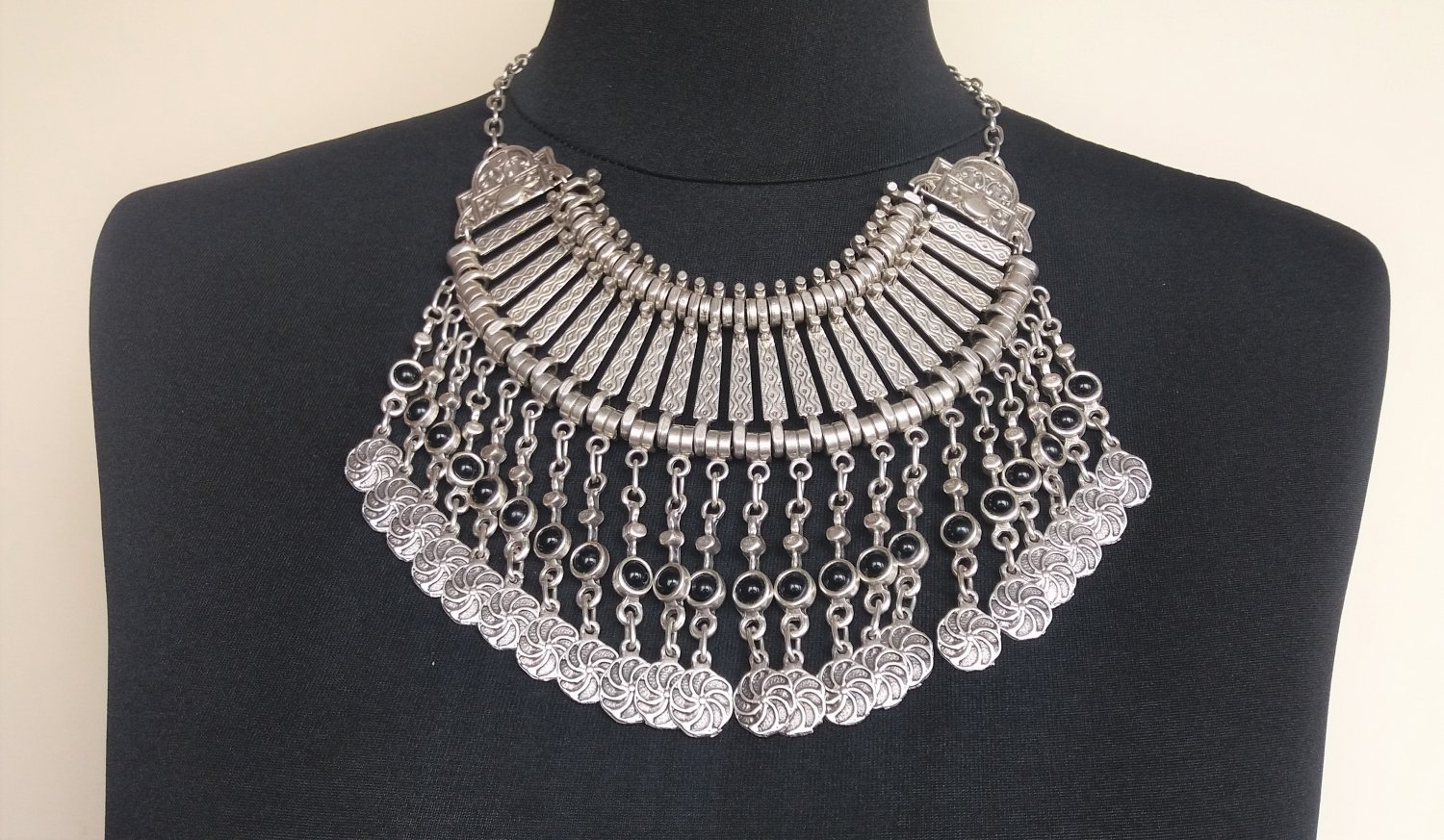 Black Onyx Eternity Half Moon Drop Coin Necklace, Armenian Dangle Drop Statement Necklace