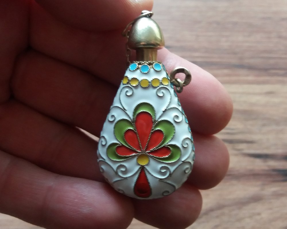 Russian/Soviet Era 925 Gilt Sterling Silver & Enamel Perfume Bottle