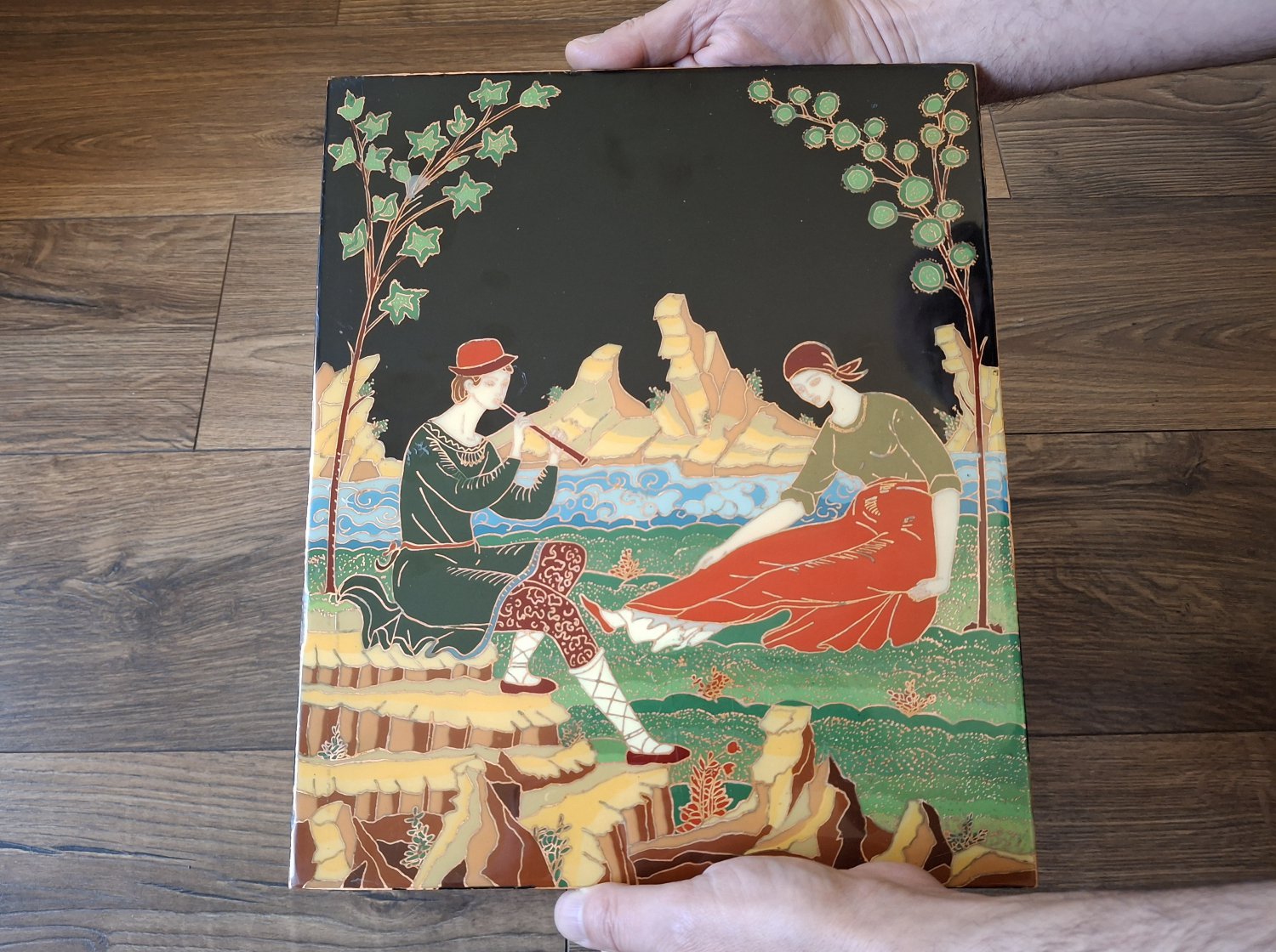 Love of the Shepherd Vintage Enamel Copper Lacquered Wall Decoration, Armenian