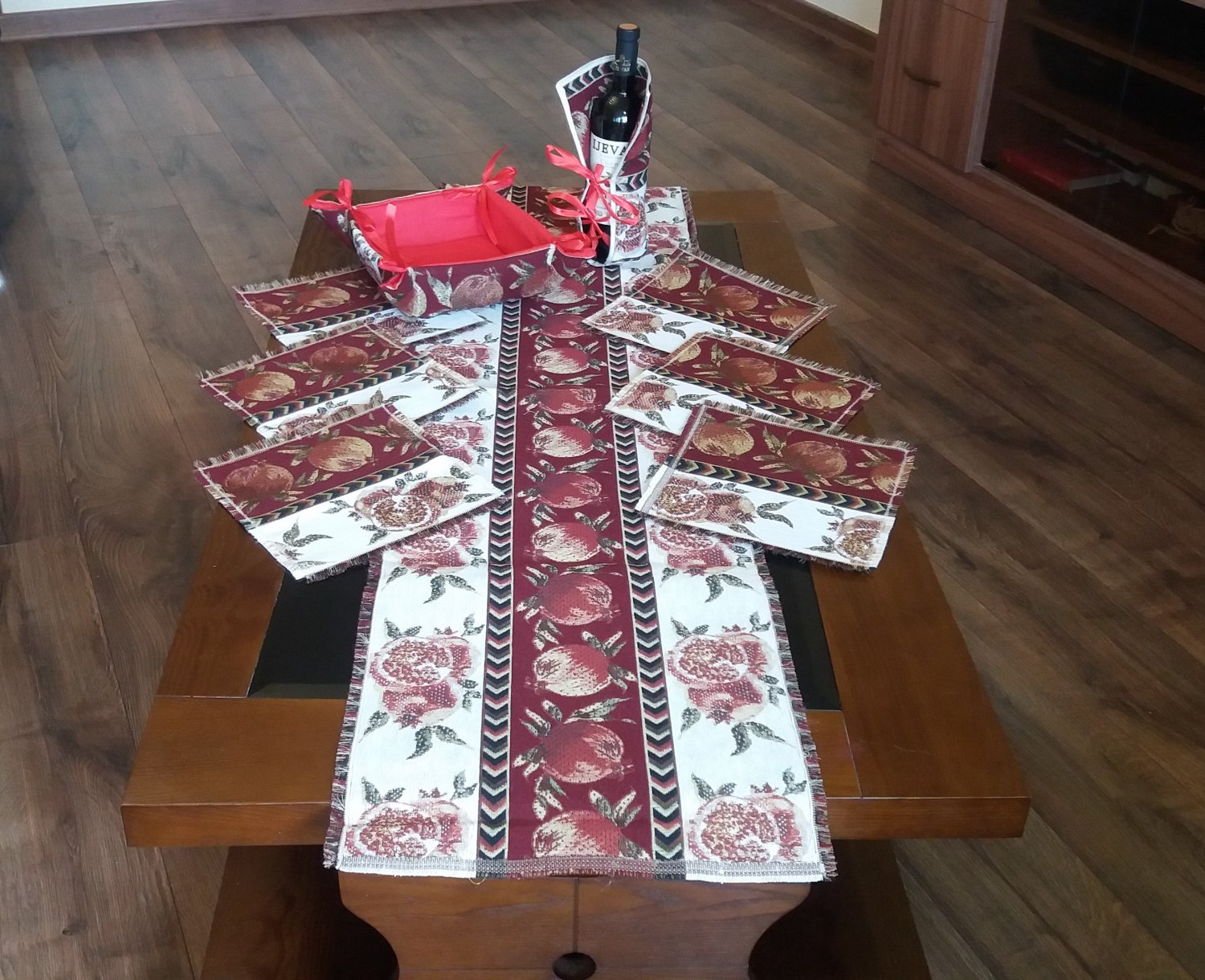 Armenian handmade table runner set: embroidered pomegranate design