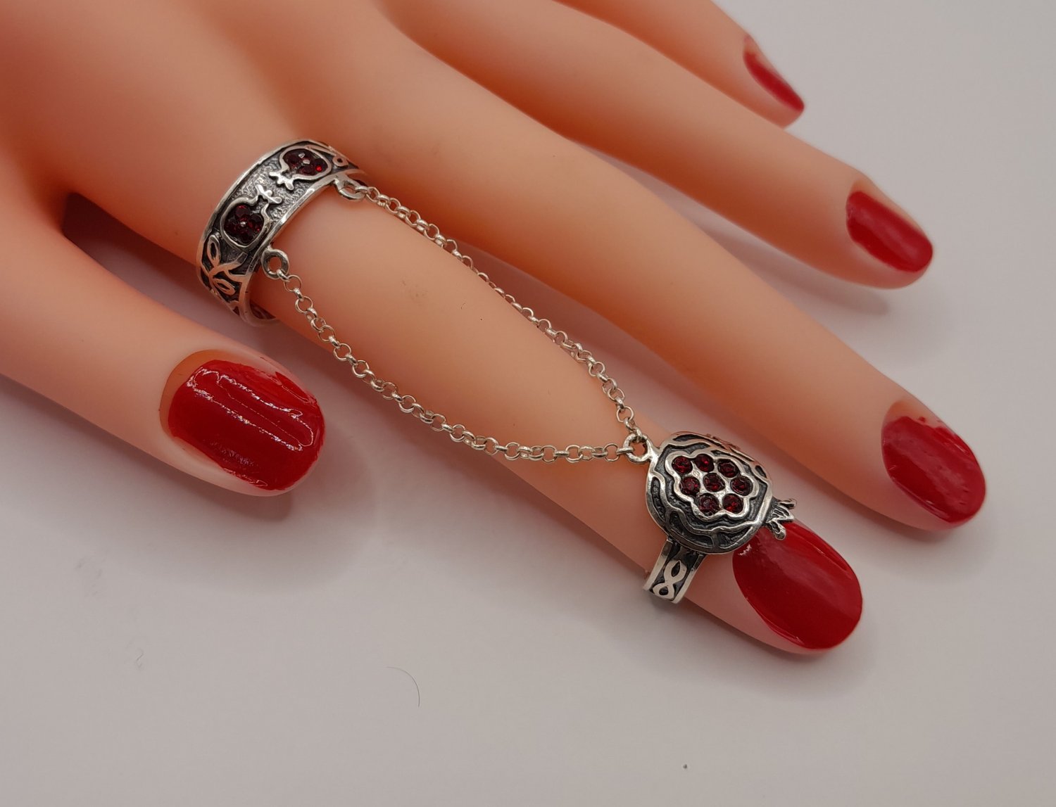 Armenian Pomegranate Double Ring &acirc;�� Sterling Silver, Adjustable, Garnet Stones
