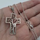 Armenian Cross Pendant in Sterling Silver – Tree of Life Design with Pomegranate & Red Zircon