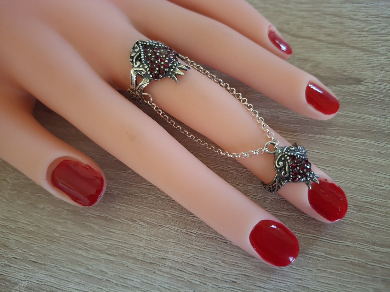 Pomegranate Armenian Double Ring Red Zircon &acirc;�� Sterling Silver .925