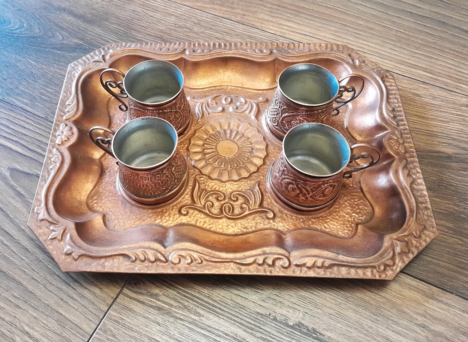 Vintage Armenian Copper Coffee Set: 1970s Soviet-Era Tray & Cups