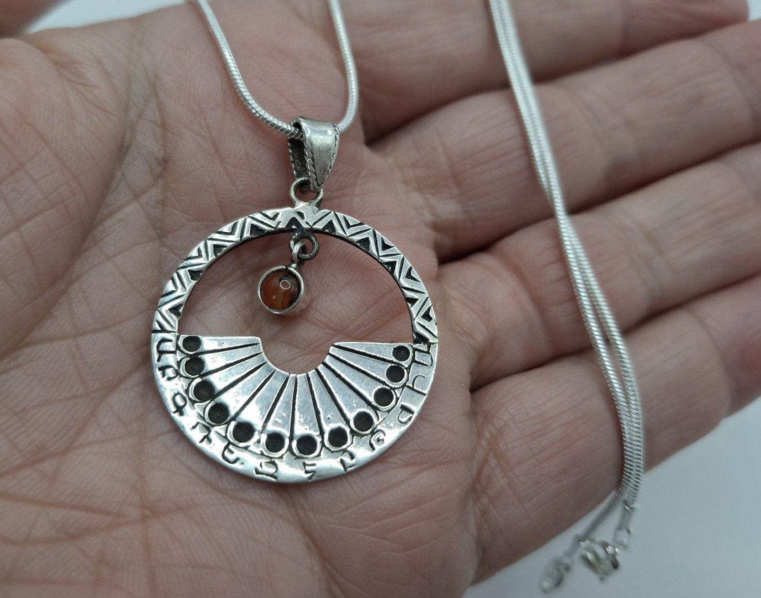 Sun Time Clock Circle Pendant: Sterling Silver .925 with Garnet, Armenian Sundial Jewelry