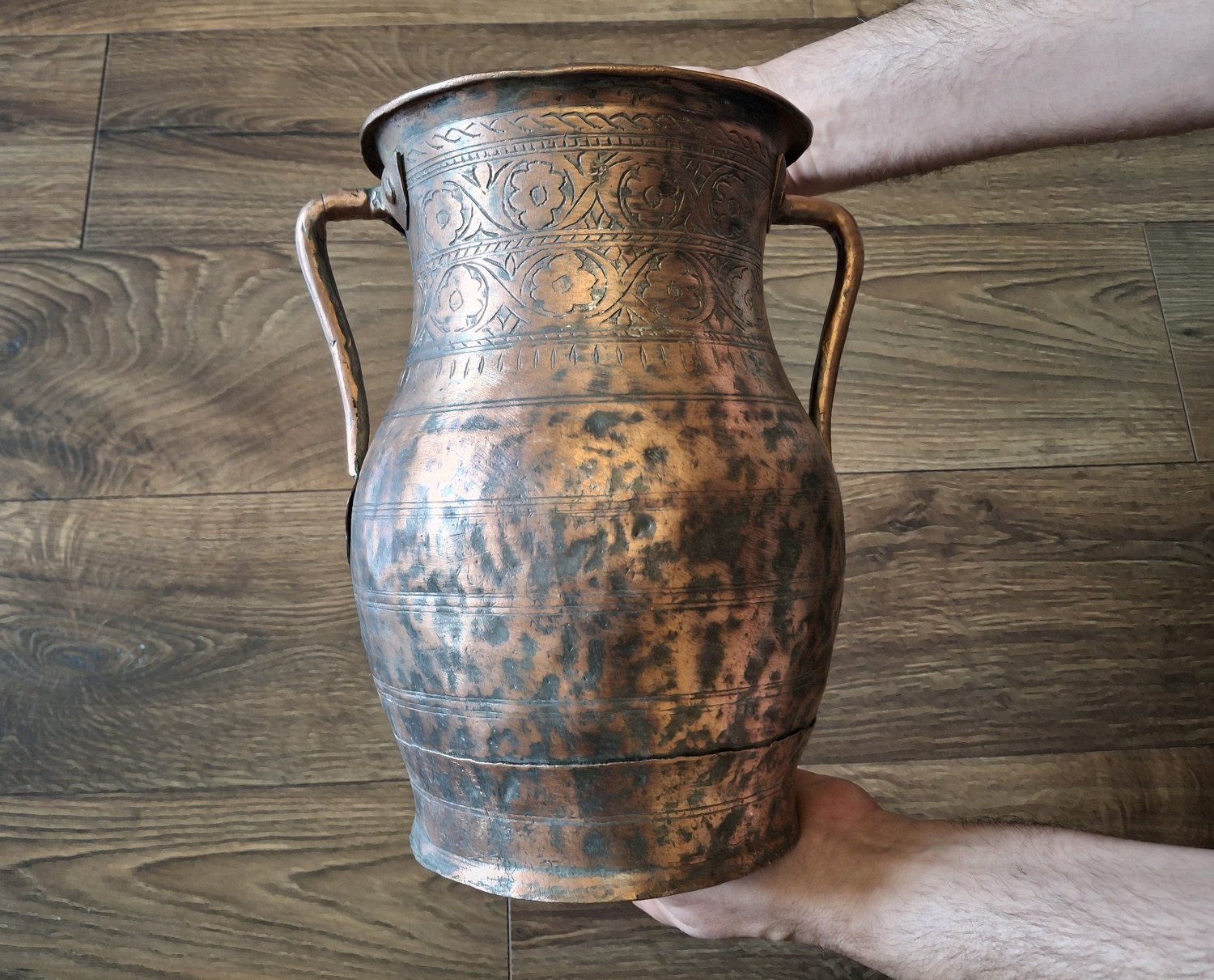 Large Antique Copper Two-Handled Pot &acirc;�� Vintage Armenian Hand-Carved Copper Vessel